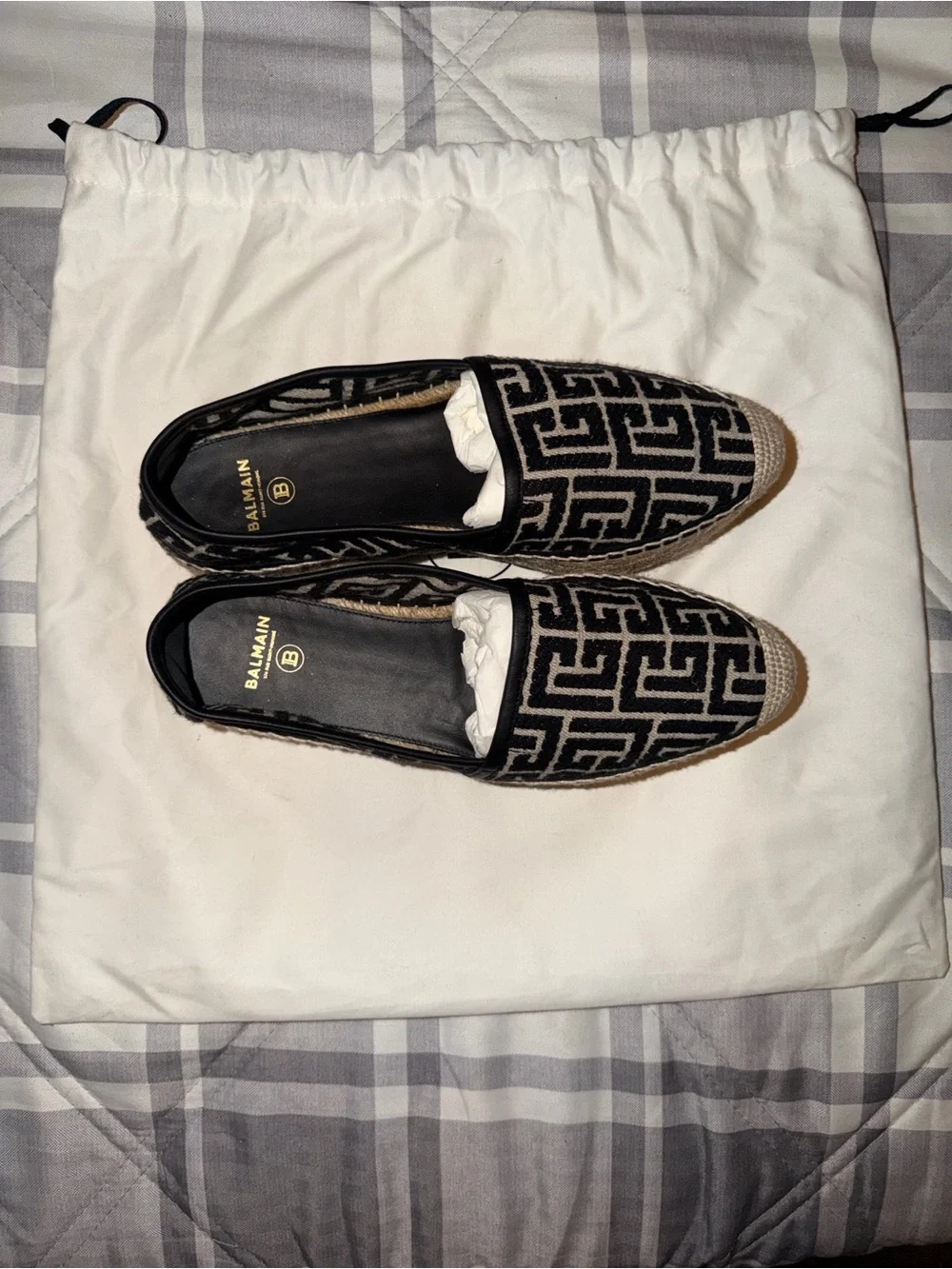 Balmain Black and Cream Geometric Espadrille Platform Loafers